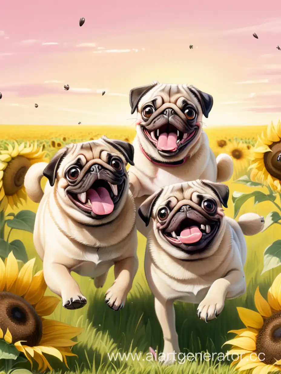 Two pug dogs laughed with their mouths wide open, their tongues sticking out and their saliva splashing, running and jumping on the grass field, with a few sunflowers and clouds in the white, slightly pink sky.