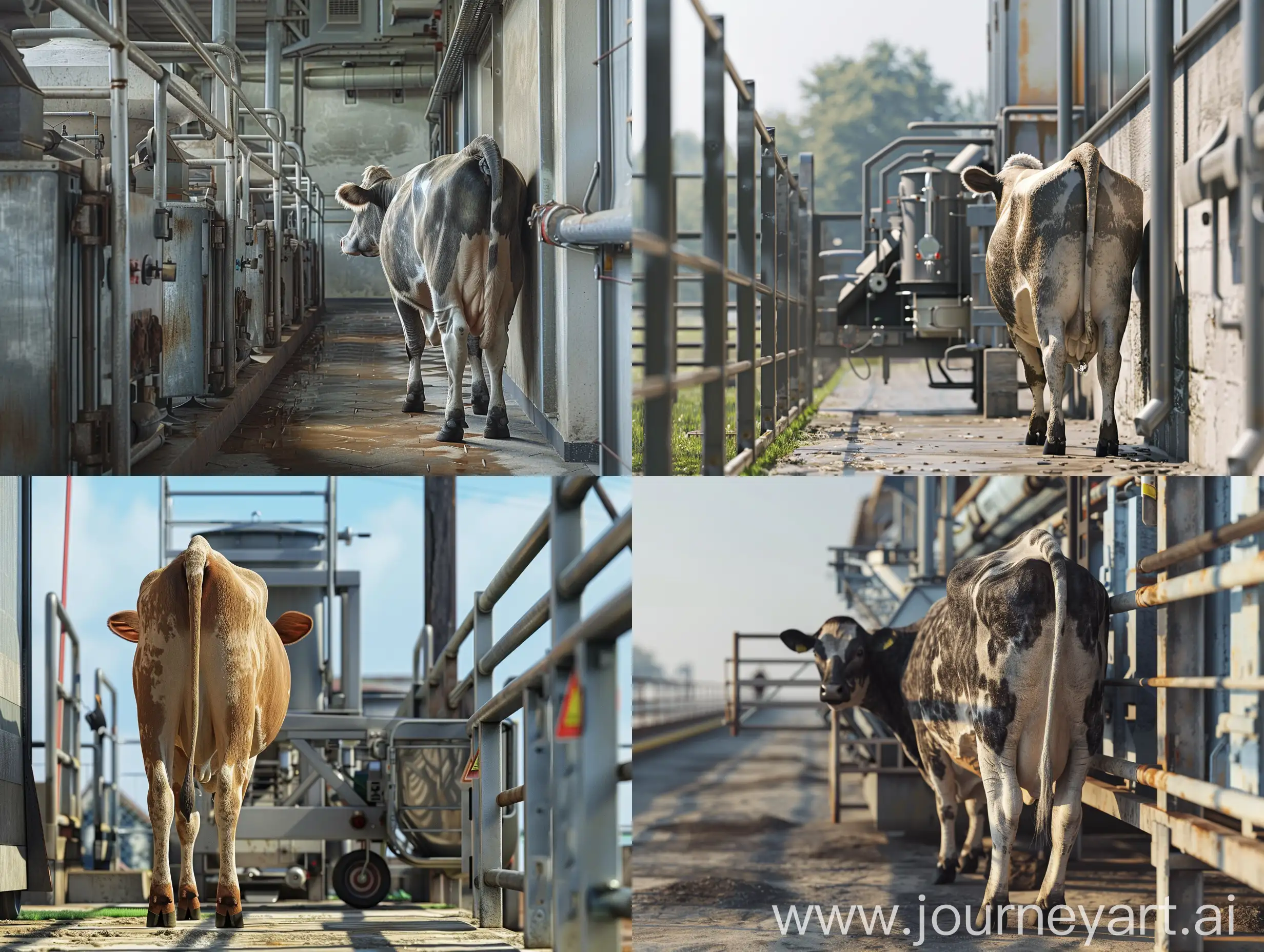 Highly detailed realistic image of a cow standing near the milking equipment located on the farm. The angle of the photo is from behind and slightly from above. The image format is 16:9.