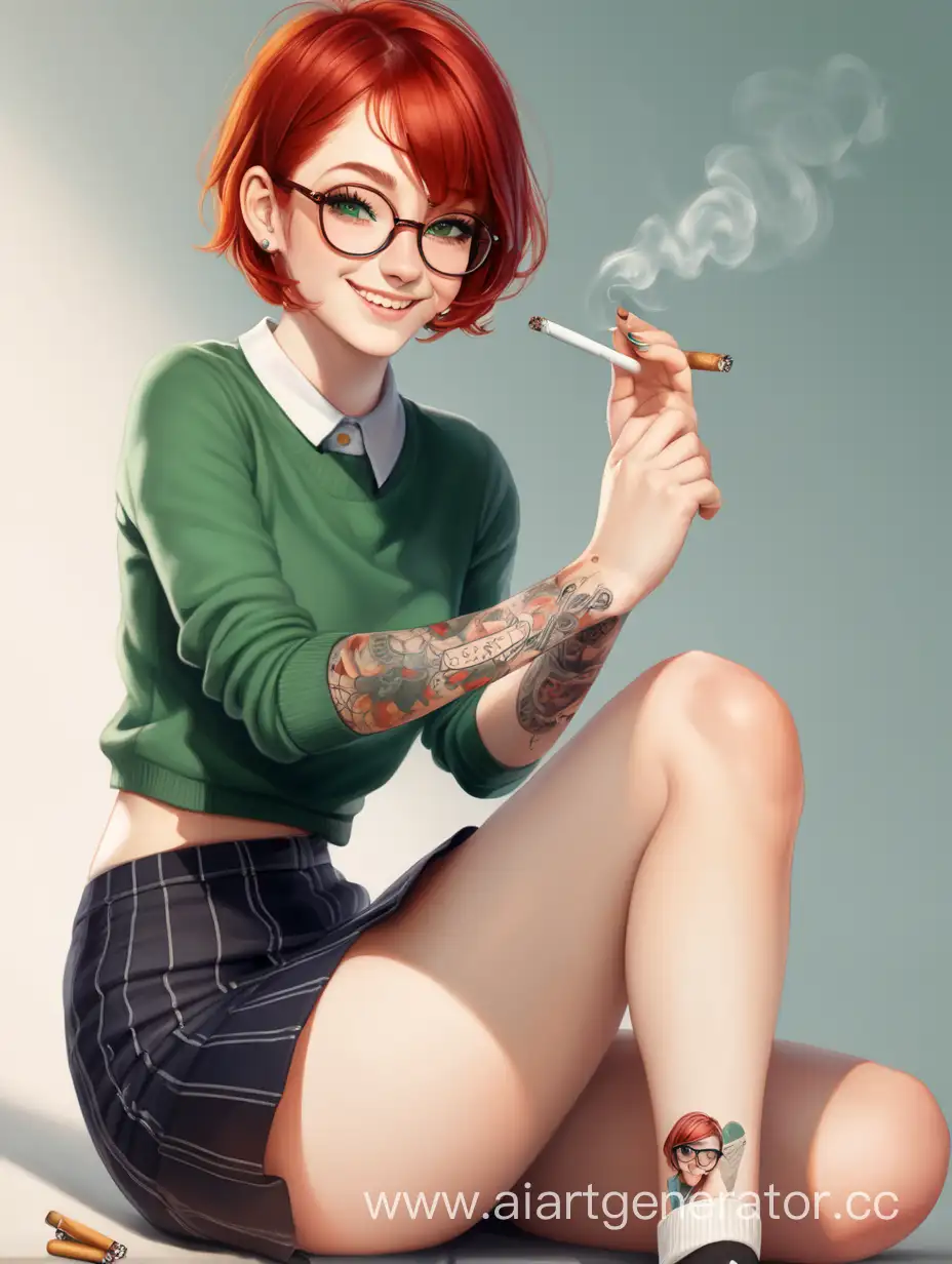 Короткие волосы, рыжая, девушка, круглые очки, короткая юбка, тату на ноге, улыбается, сигарета во рту, зелёные глаза
