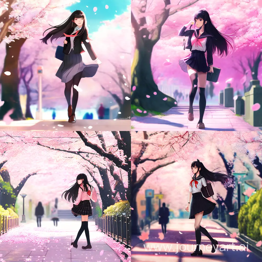 日本美少女高中生，二次元动漫风格，画面精美，人物精致细腻，全身照，身材修长，黑长发，短裙，制服，黑色丝袜，皮鞋，走在樱花飞舞的公园街道上