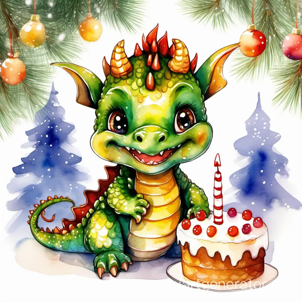 Счастливый дракончик  с тортиком  на белом фоне, с милым детским личиком, нарисованный акварелью, на фоне новогодней елки