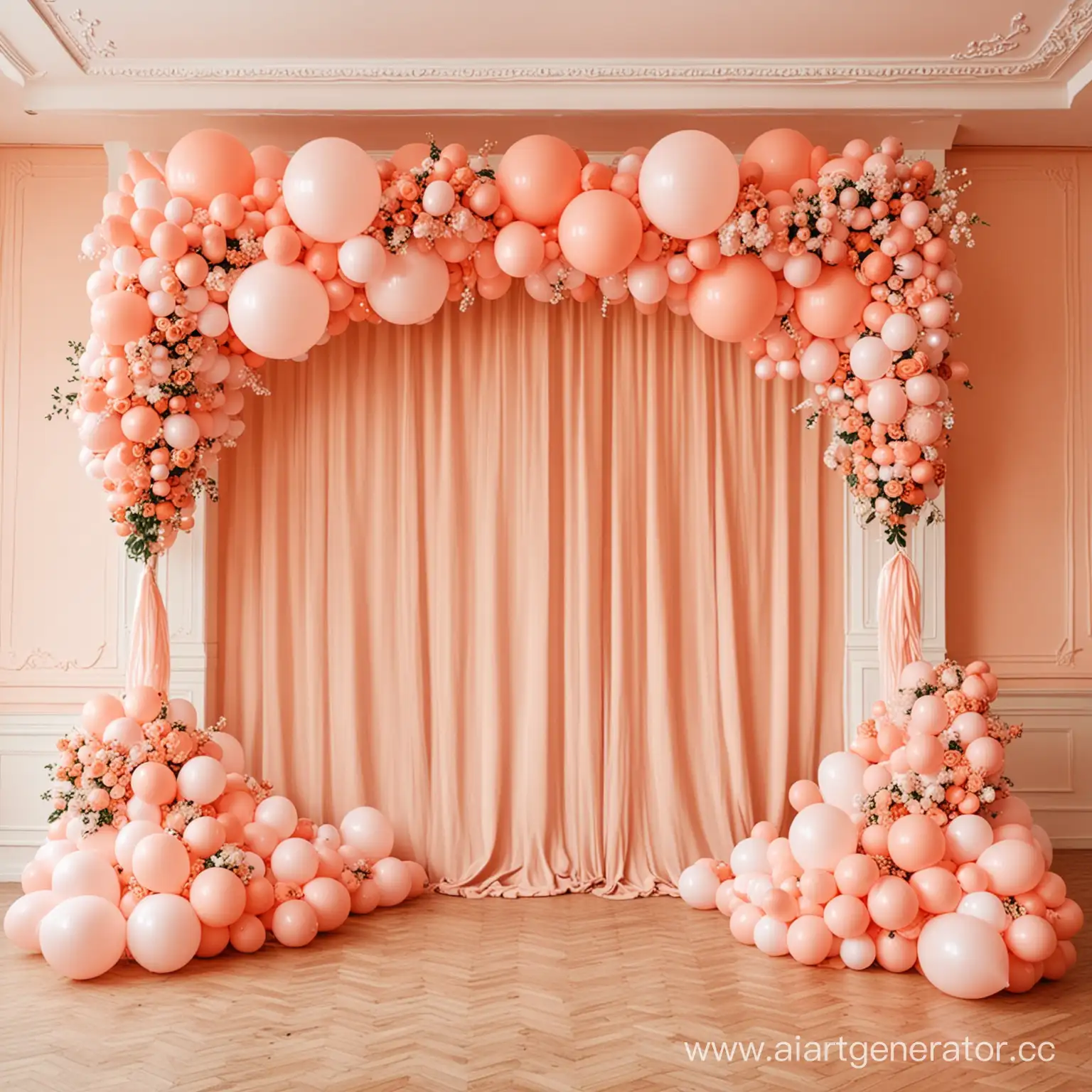 Unique-Wedding-Photo-Zone-Festive-PeachColored-Hall-Decorated-with-Flowers-and-Balloons