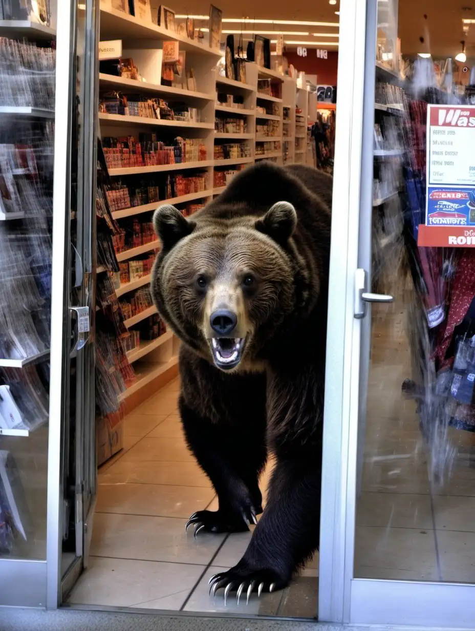 a bear bursts through the front door of a retail store.