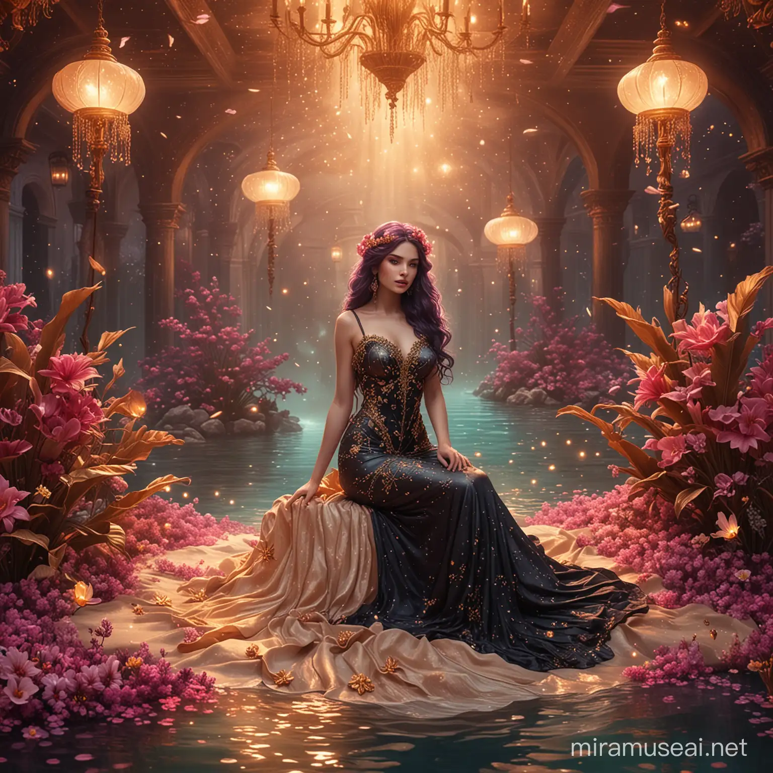 A beautiful mermaid, sitting on a golden palmier, in the flower realm ,surrounded by small dark pink and golden aqua flowers. Long wavy dark purple hair. Elegant beige and black dress, haute couture. Background dark pink nebula water with golden light. background golden dust and old lamps. 8k, fantasy, illustration, digital art, illustration art, fantasy art, fantasy styl