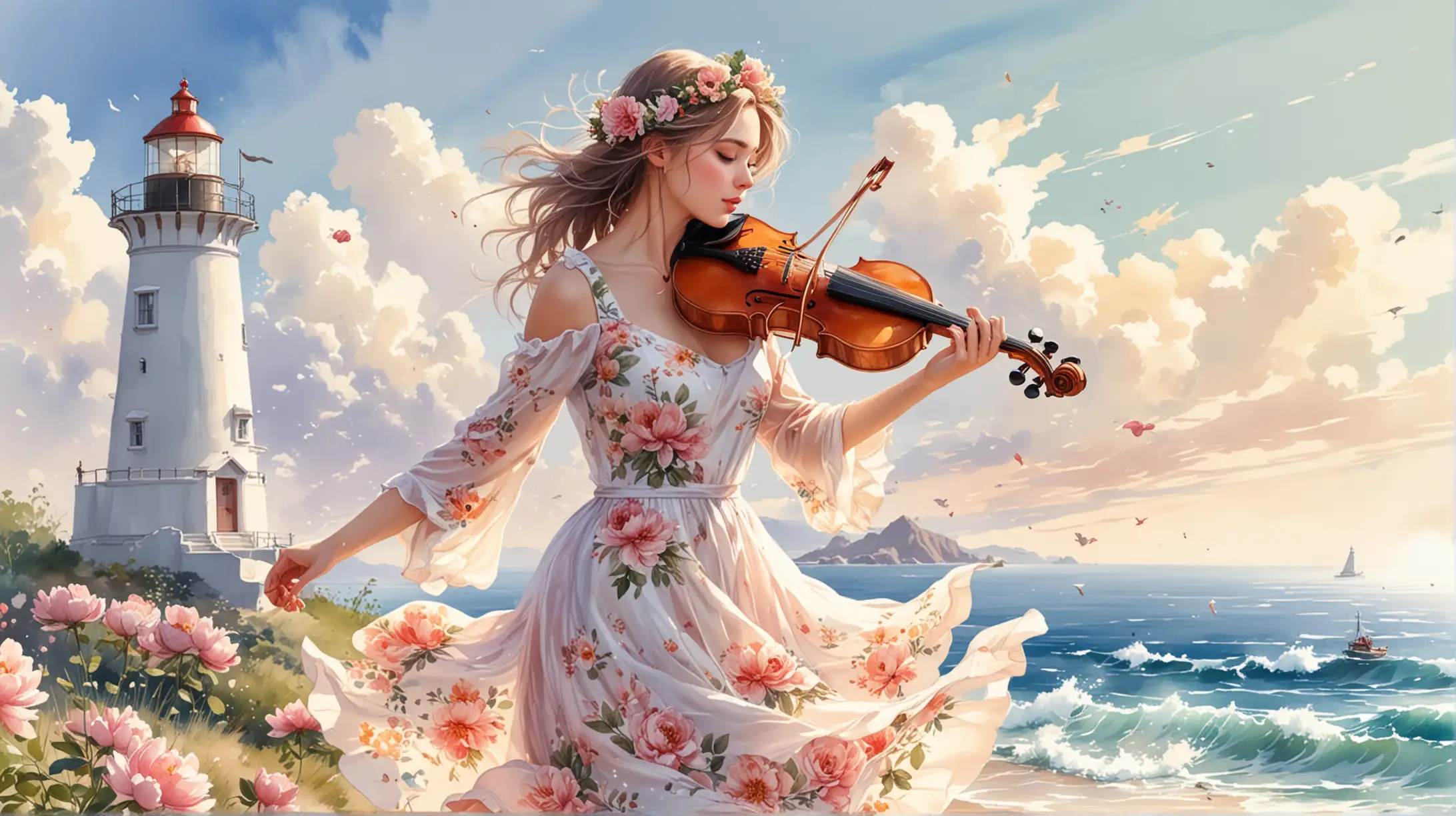 on a white background, painted in watercolor in anime style, coast, lighthouse, sunny day, a beautiful girl in a wreath of peonies and in a light fluttering dress dancing with a violin without a bow, inspiration, flight