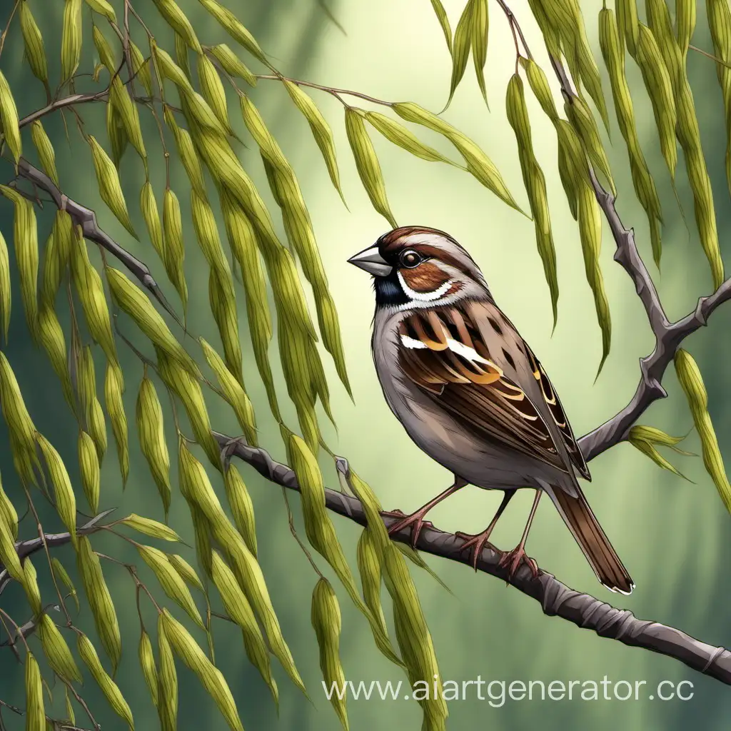 Sparrow-Landing-on-Willow-Serene-Forest-Moment