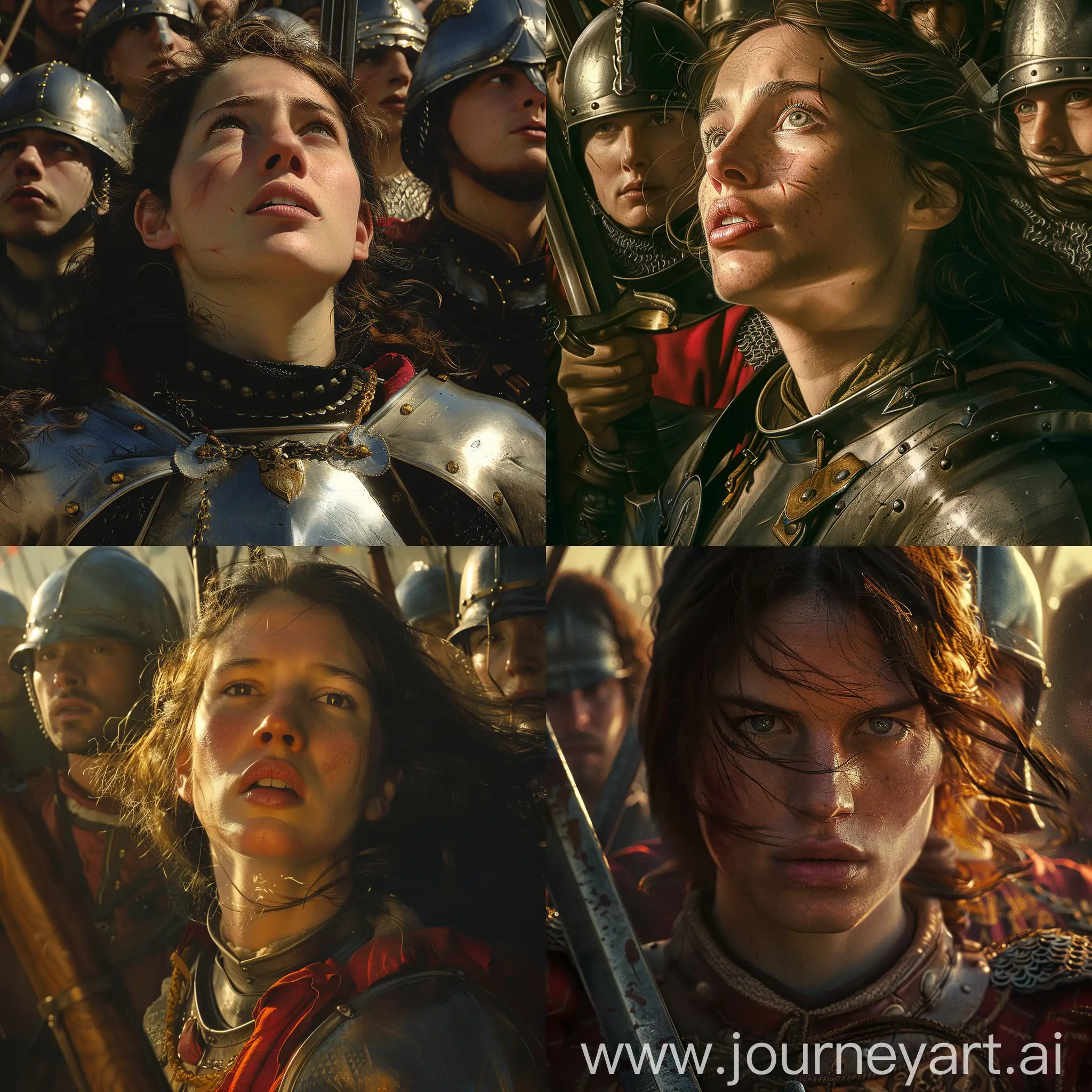 Famous female warrior Joan of Arc at Siege of Orleans, French warriors behind her, close up, dramatic lighting, realistic image