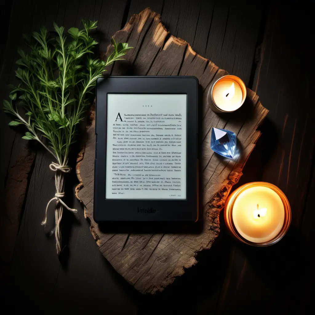Kindle on a piece of wood, with small bunch of herbs, one small candle, a small dagger, one small crystal, at night, view from above
