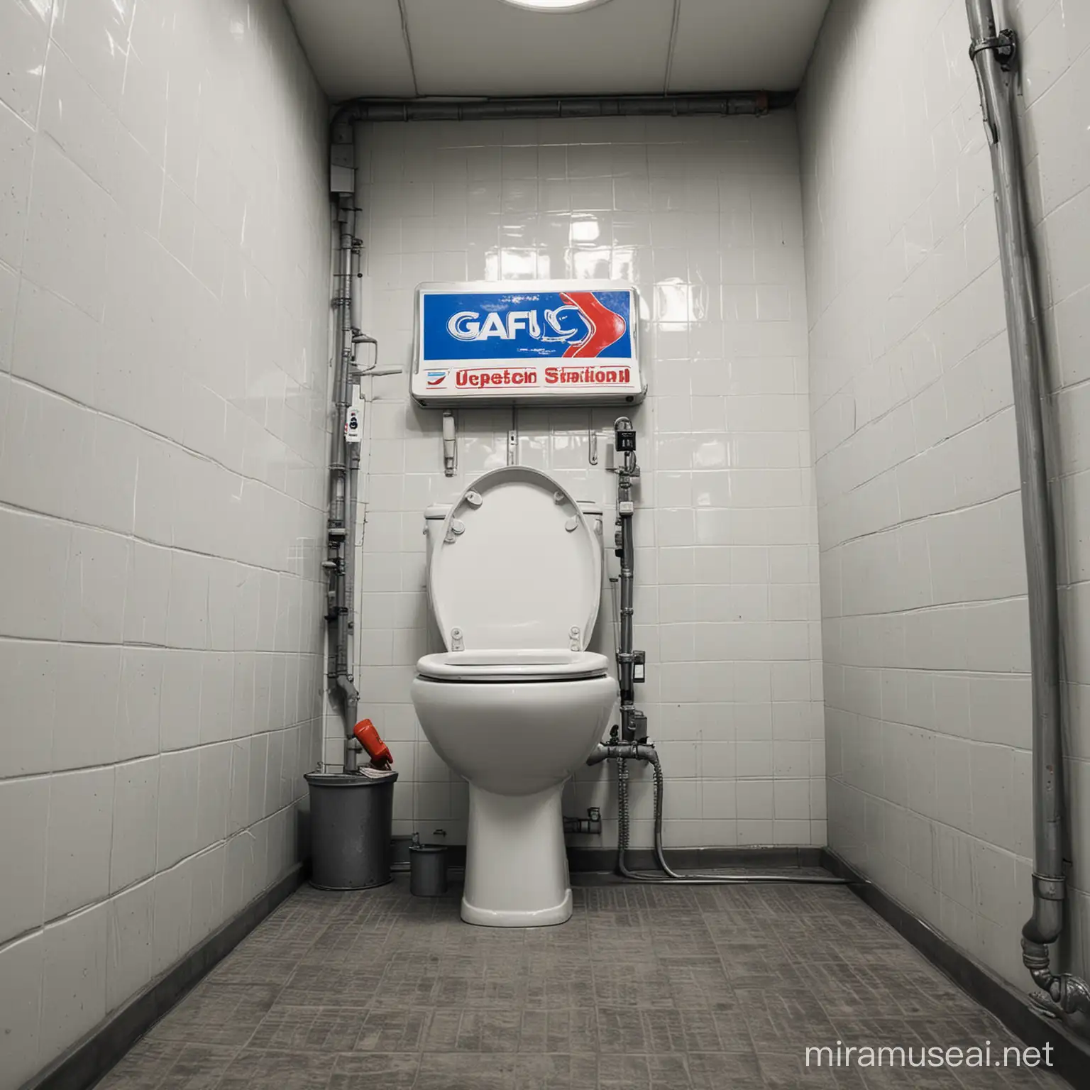  a low angle view camera of a realistic gas station toilet close up
