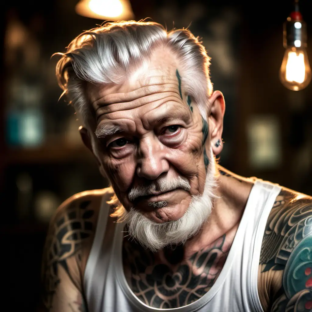 /imagine prompt : An ultra-realistic photograph captured with a canon 5d mark III camera, equipped with an 85mm lens at F 1.8 aperture setting, portraying an handsomeold man tattoo artist doing a tattoo
<location>tattoo shop
The background is beautifully blurred, highlighting the subject.
Soft spot light gracefully illuminates the subject’s face and hair, casting a dreamlike glow. The image, shot in high resolution and a 16:9 aspect ratio, captures the subject’s natural beauty and personality with stunning realism –ar 16:9 –v 5.2 –style raw