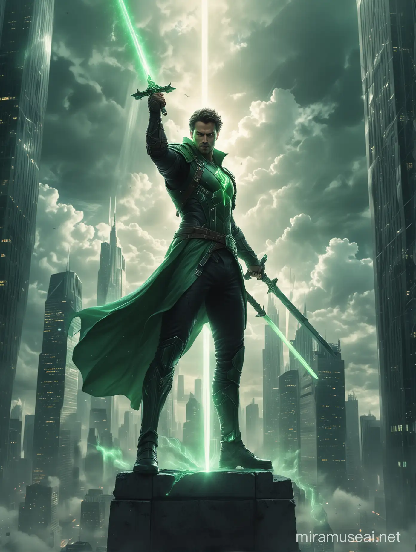 A handsome man standing on a skyscraper, with a powerful glowing sword in his hand and a giant green luminous being descending from the heavens to fight him