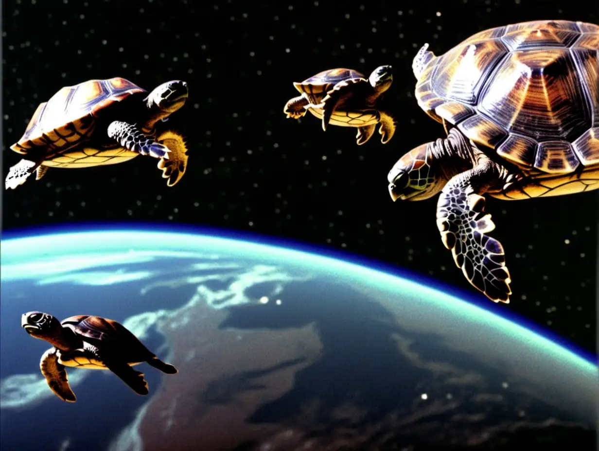 1980s SciFi Movie Scene World Turtles in Space