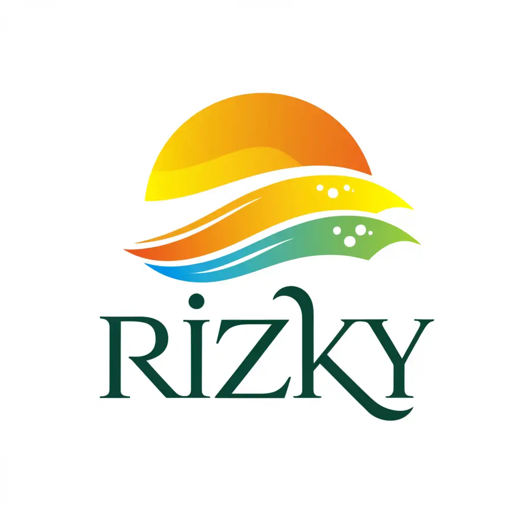 a logo design,with the text "RIzky", main symbol:blue ocean, green grass, sunset colour,Moderate,be used in Travel industry,clear background