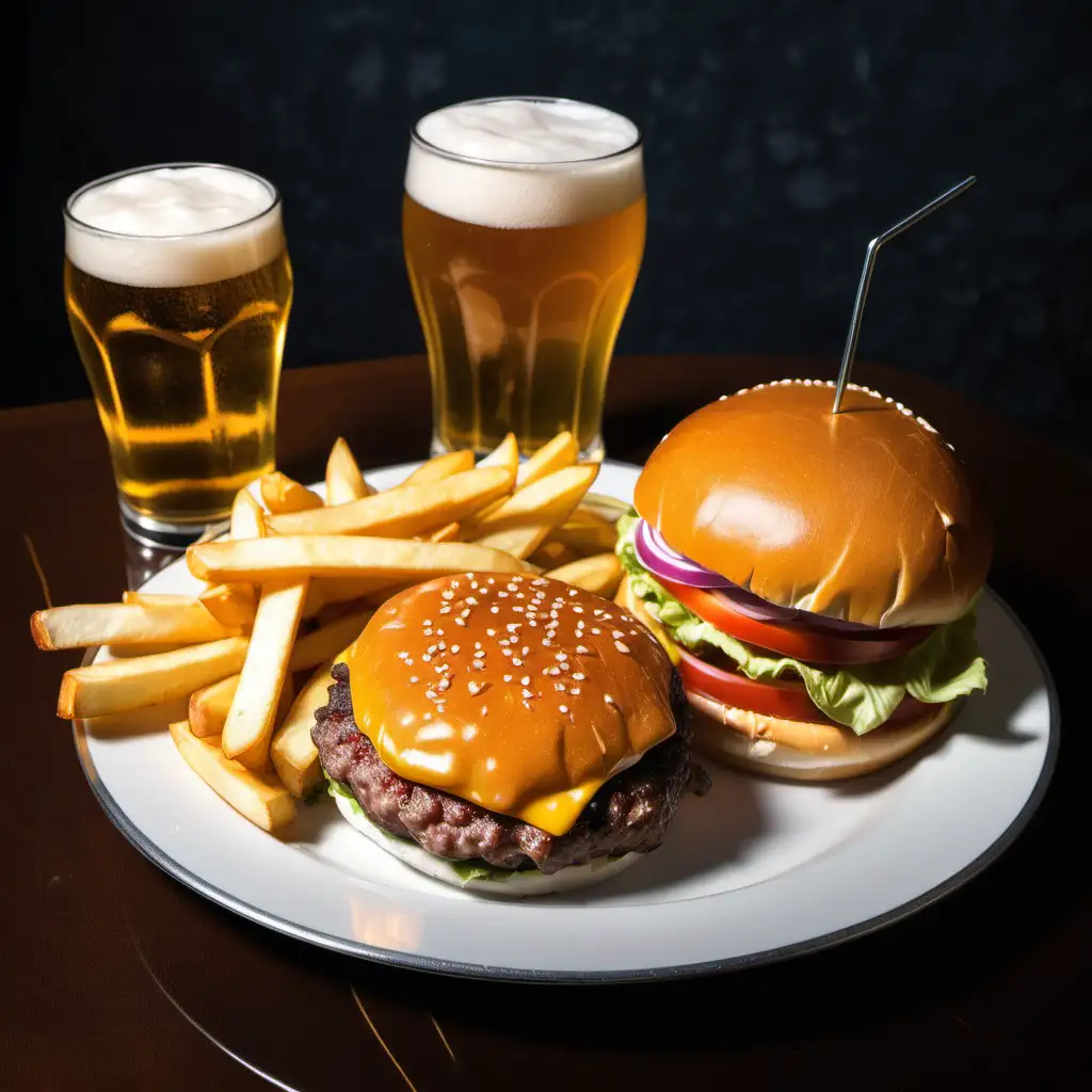 Savory Burger Delight with Golden Fries and Refreshing Blonde Beer