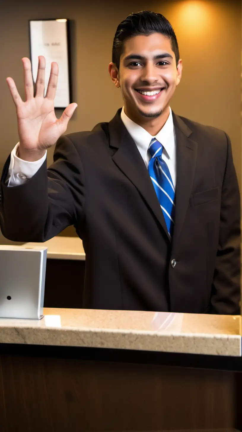 Cheerful Latino Male Front Desk Clerk Greeting with a Smile