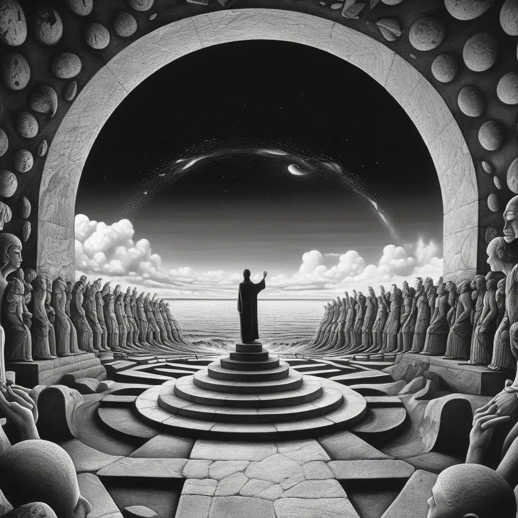 A divine hand reached out from the door in the sky. under the black ocean, stone dilapidated statues of people rise chaotically to the horizon, a generation in the ocean containing an abstract psychedelic vortex by Rene Margritt, , 5d contour, , Mauritz Cornelis Escher, in black and white and primary colors, a surreal landscape inspired by immersion in a minimalist and elegant conceptual environment, surrealism is beautifully colored, crazy details, intricate details, beautifully colored, cinematic, color correction, High-end editor