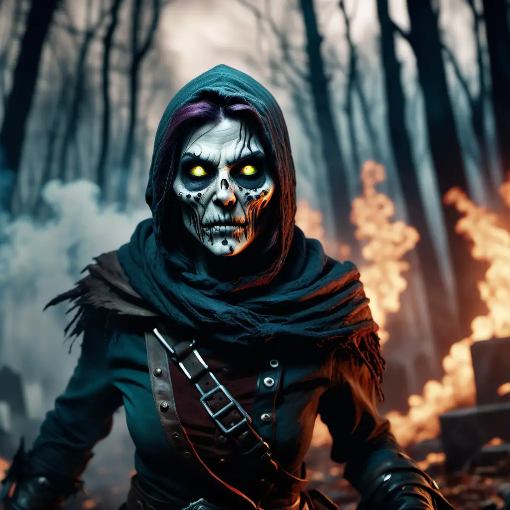 Intense Undead Rogue Escape in 8K Realism through a Dark Burning Forest