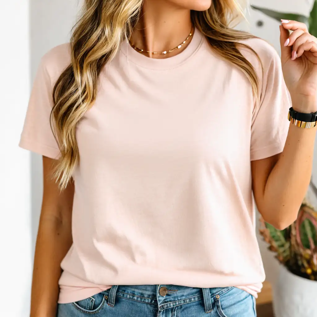 blonde woman wearing soft pink bella canvas 3001 t-shirt mockup with cream cardigan, boho background