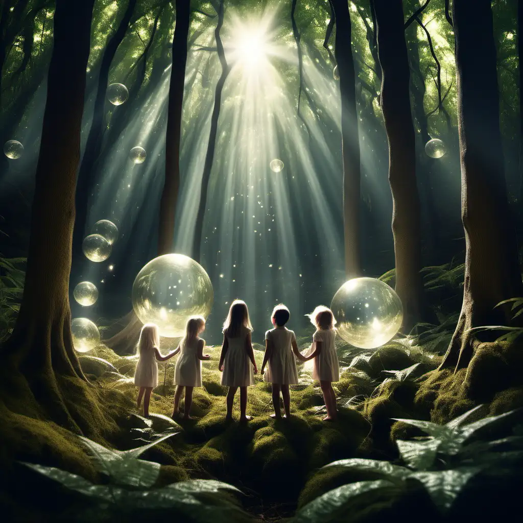 Curious Children Exploring Enchanted Forest in Shimmering Light