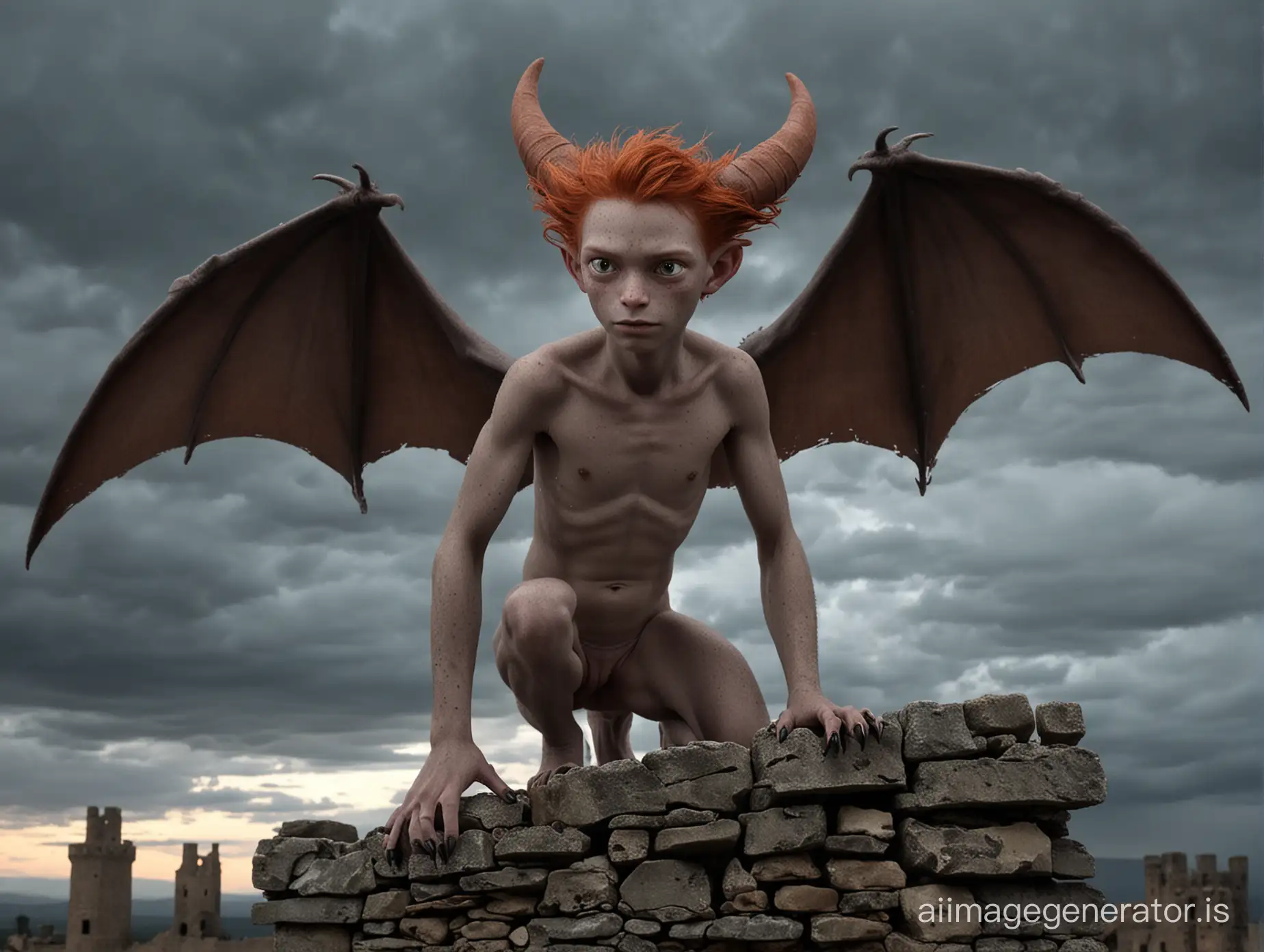 It's night. A naked boy with very smooth gray skin and some freckles. It has natural bat-like wings and a tail. It has a large tail that grows at the end of its spine. He is very thin and slight. It has humanoid proportions. He has pointy ears. He has red hair. He has claws instead of fingers and toes. It has animal-like feet. From his forehead grow two natural small horns without structure. He is standing on top of an old castle on a dark, cloudy night. Shows the entire boy in a long shot. 