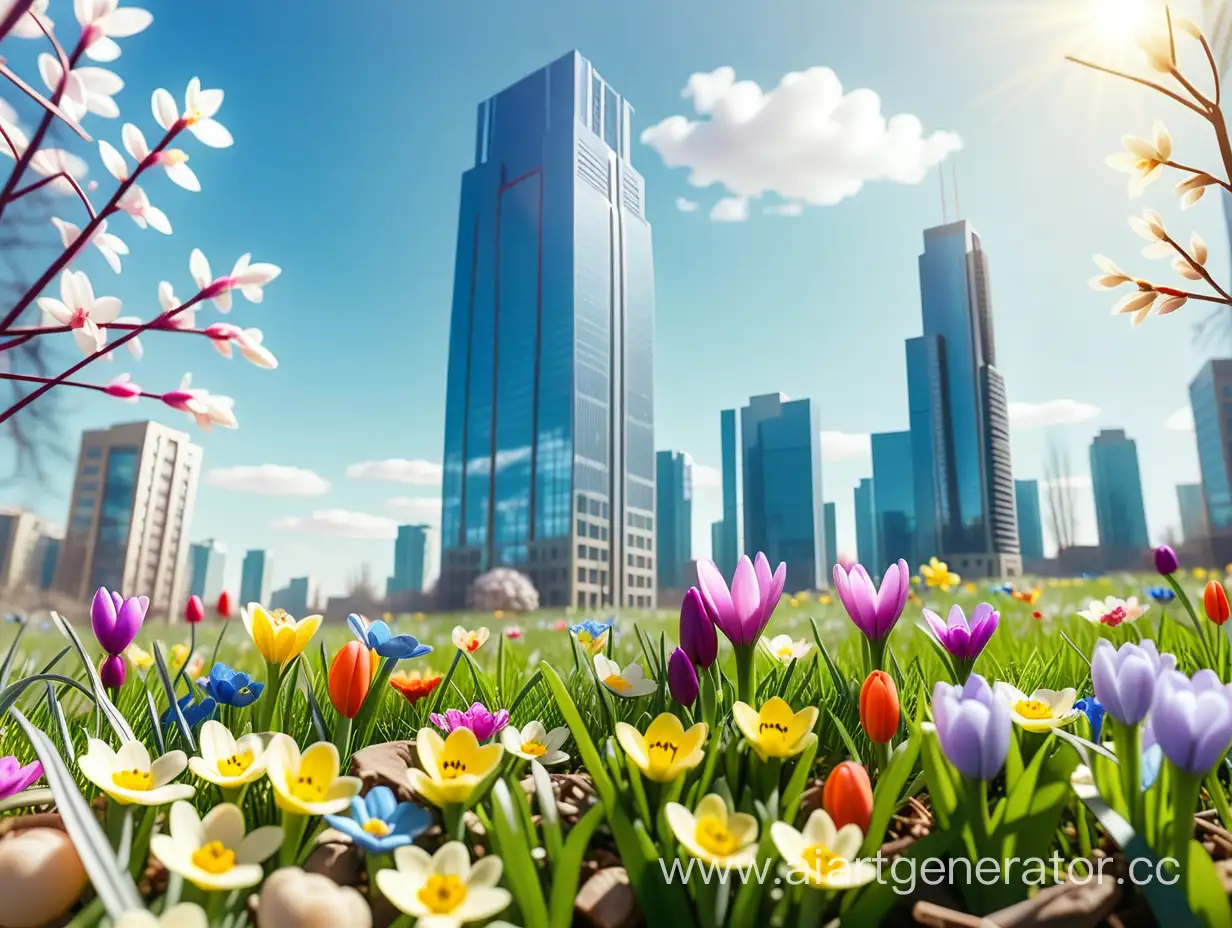 bright sunny spring day in march, meadow with spring flowers, city with big corporate skyscrapper on background