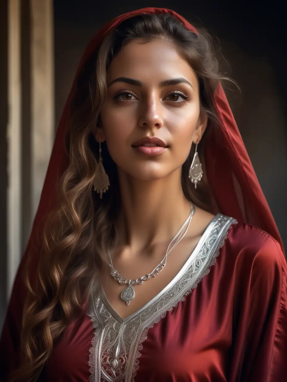 Elegant Brazilian Woman in Dark Red Moroccan Caftan Dress Portrait