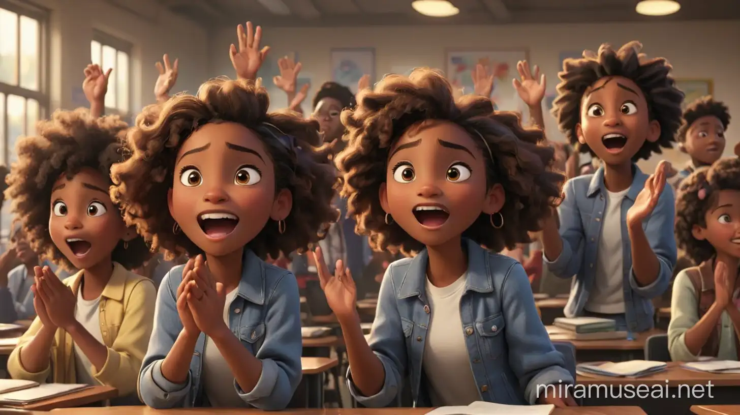 create an image of 8th-grade African-American students giving a standing ovation clapping and cheering at their desks. Disney- Pixar style illustration
3D, 4k