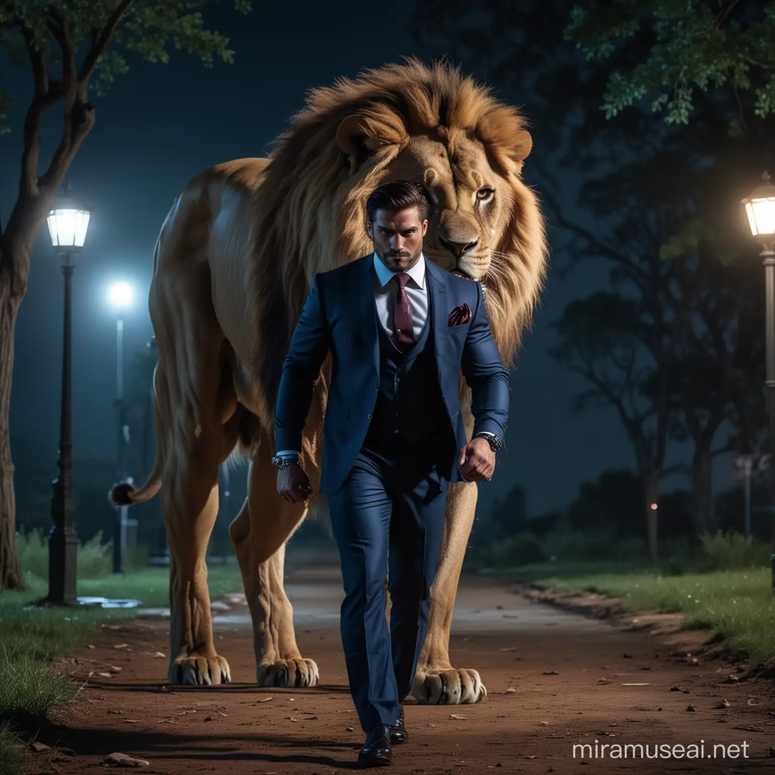 A very bulked muscular man dressed in a suit and shiny acccessories,   walking a fierce blood thirsty lion along a park, the background is of midnight with only moonlight shining blue light over the scene