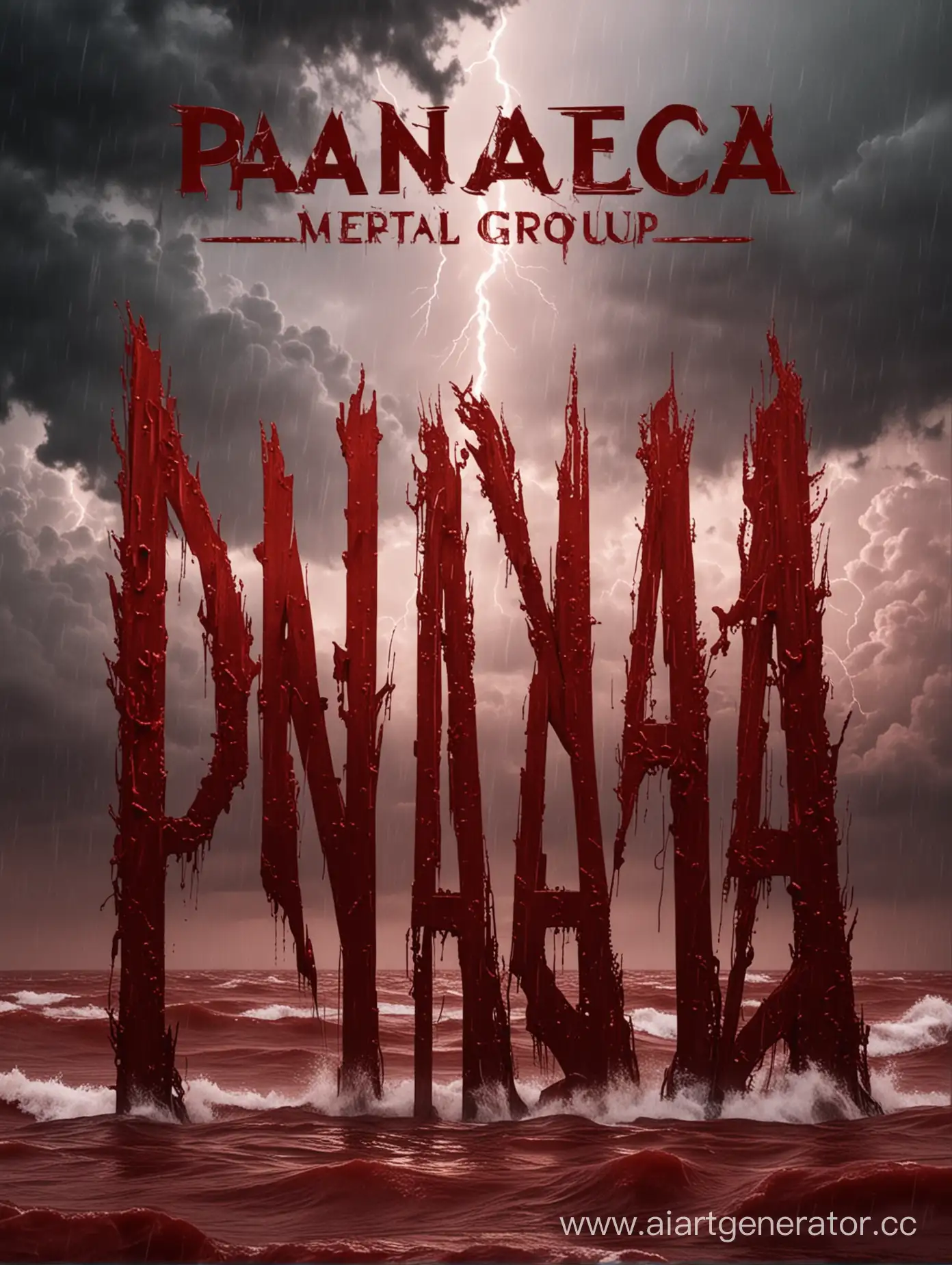  Обложка Метал группы надпись *PANACEA* на фоне грозы в красных тонах 4k