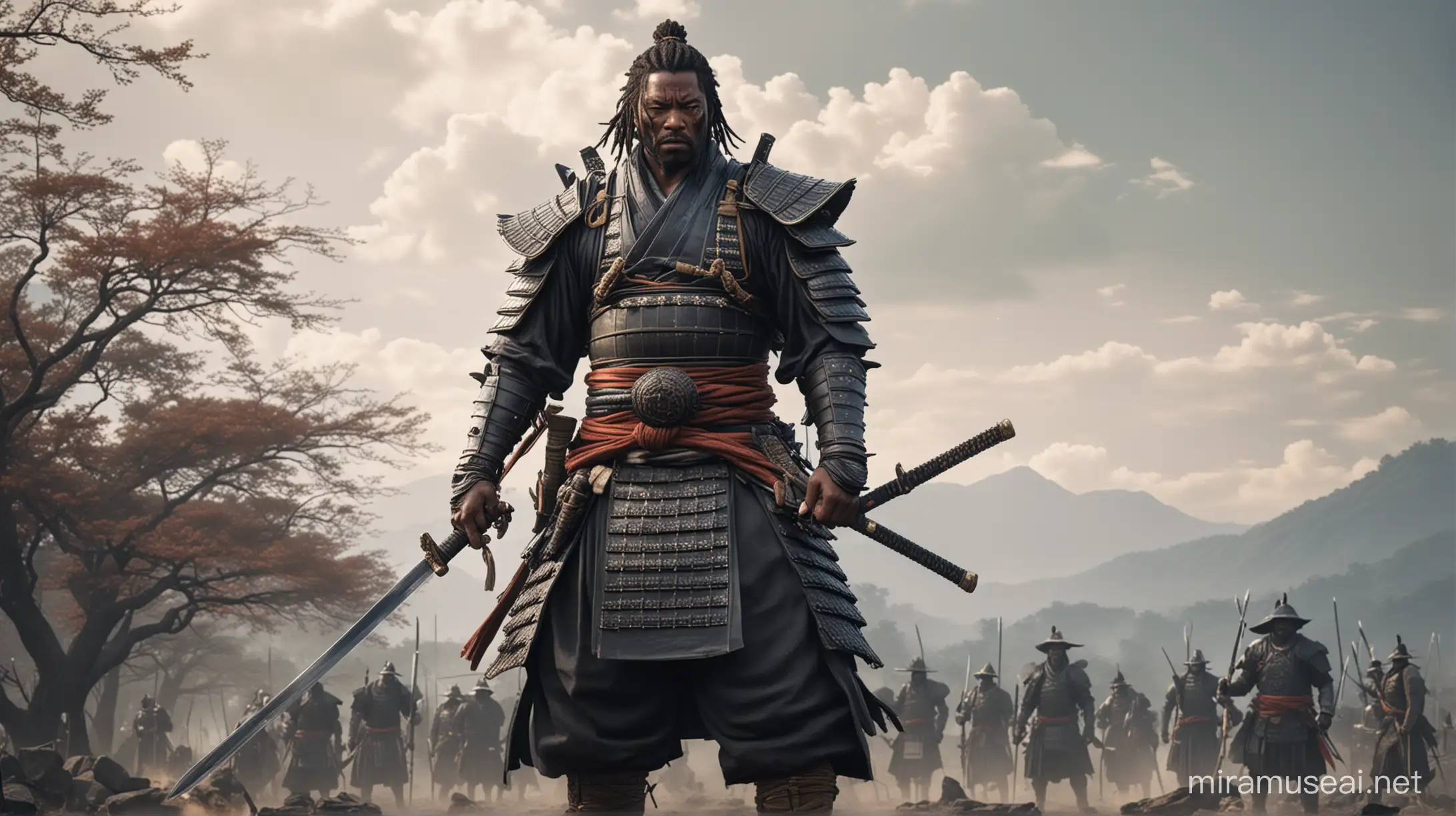 Yasuke, a towering figure with dark skin, clad in samurai armor, standing amidst a battlefield, his sword drawn