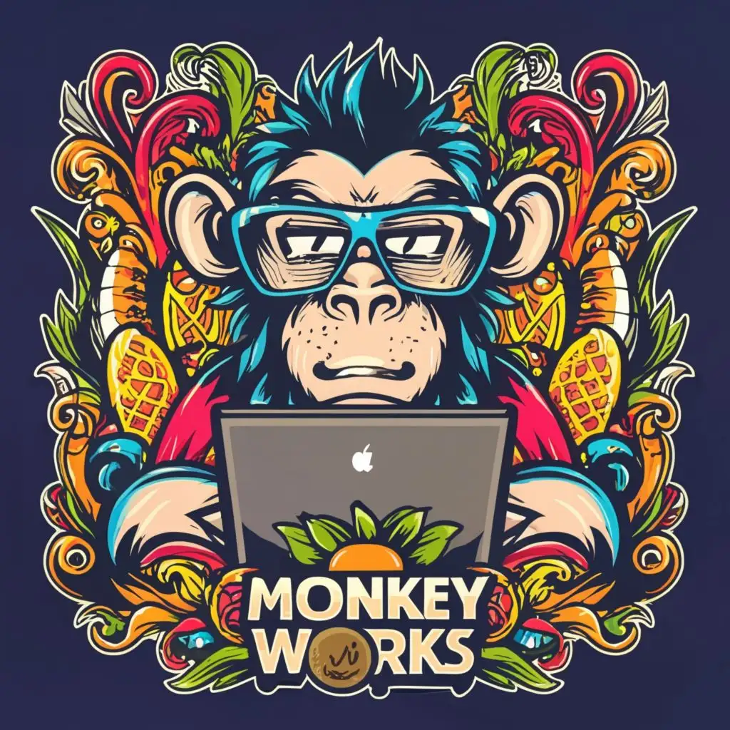 logo, vibrant. colourful graphic design monkey with reading glasses on and working on a laptop, with the text "Monkey Works", typography