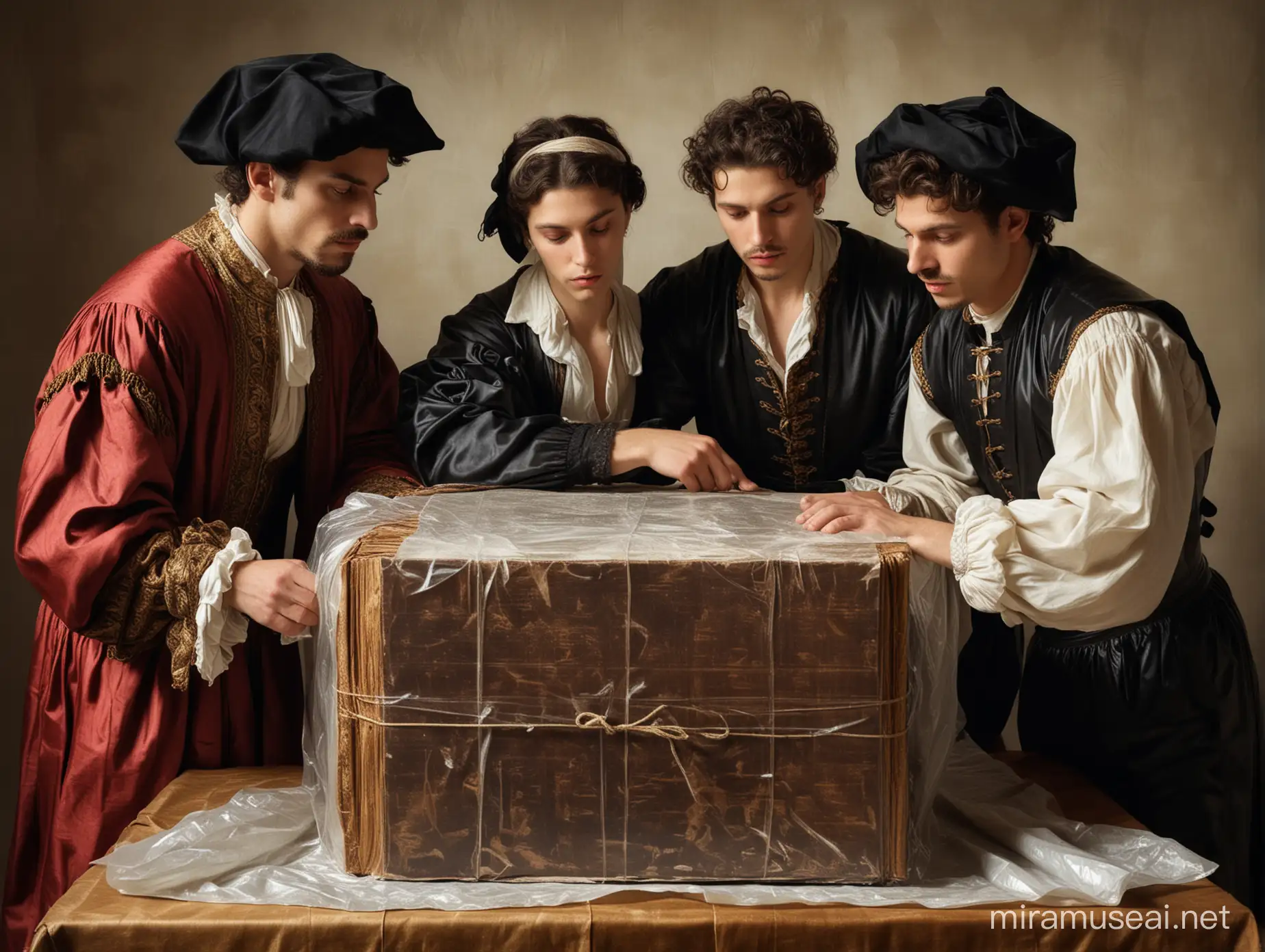 Two men and a woman in 1600 century Italian clothes and surroundings wrapping a thick old book in plastic wrap, done in the style of the 1600 century painter Caravaggio