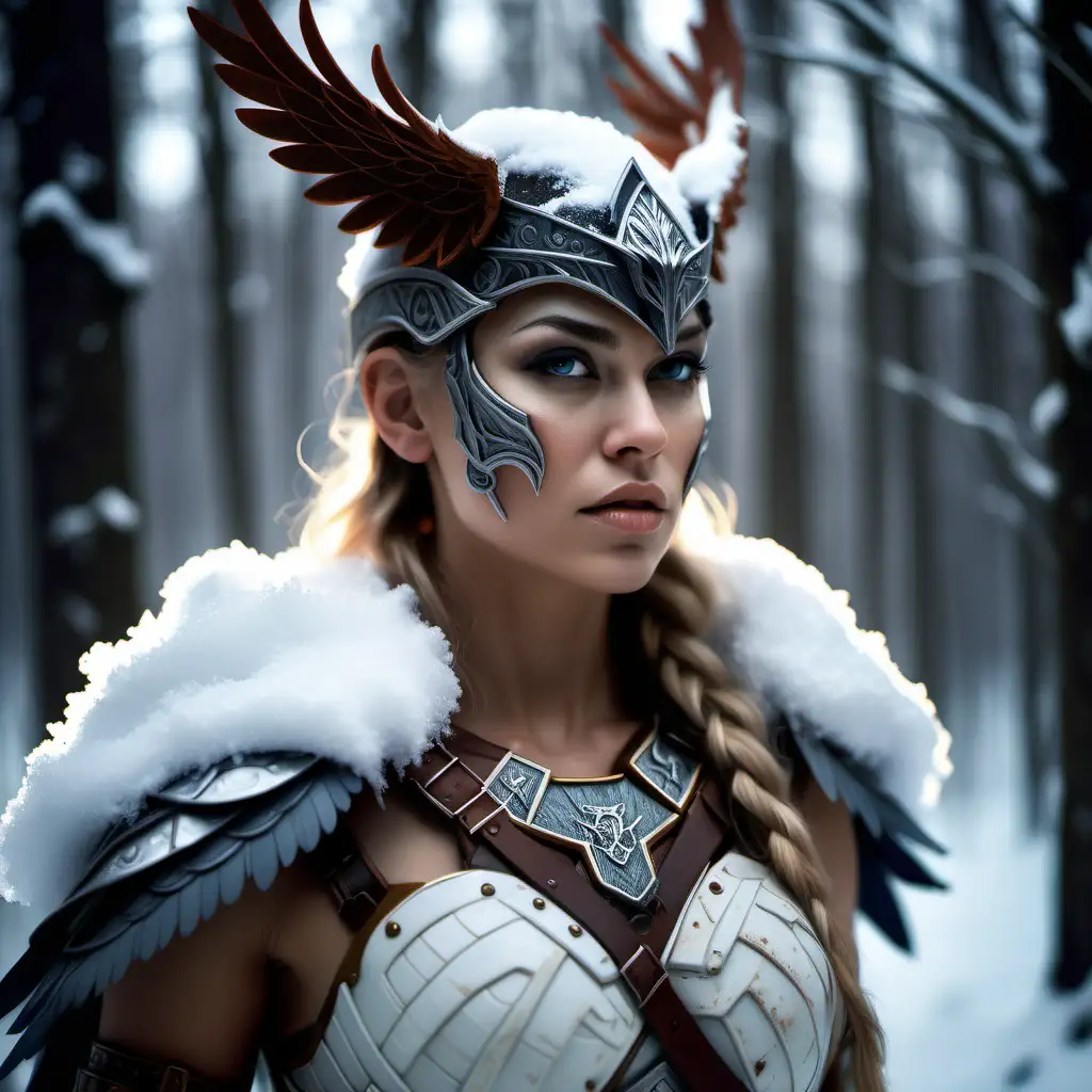 portrait of a valkyrie, detailed and textured skin, background snow forest, ambient light