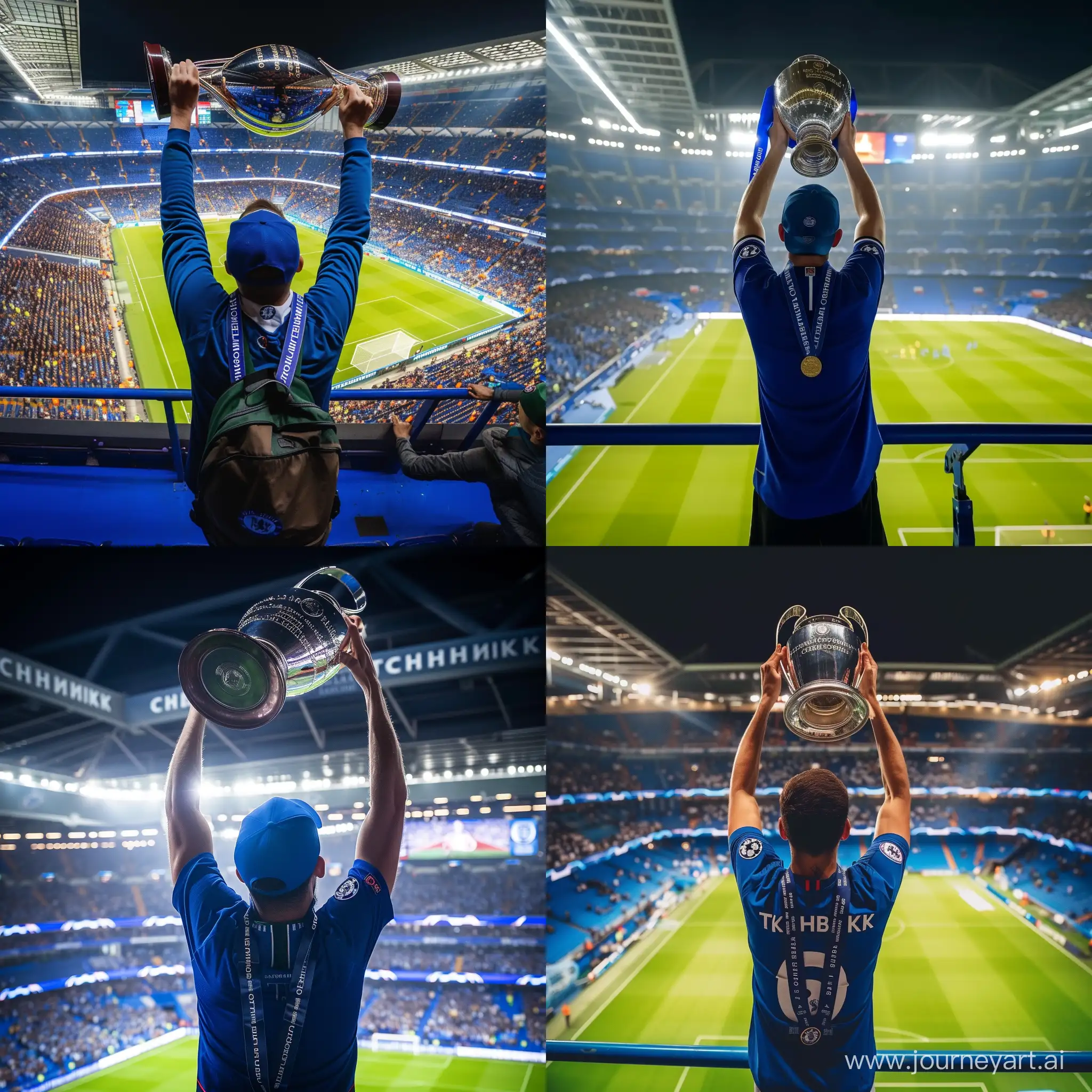 Паша Техник фанат футбольного клуба Челси, стоит на стадионе и поднимает над головой кубок лиги чемпионов
