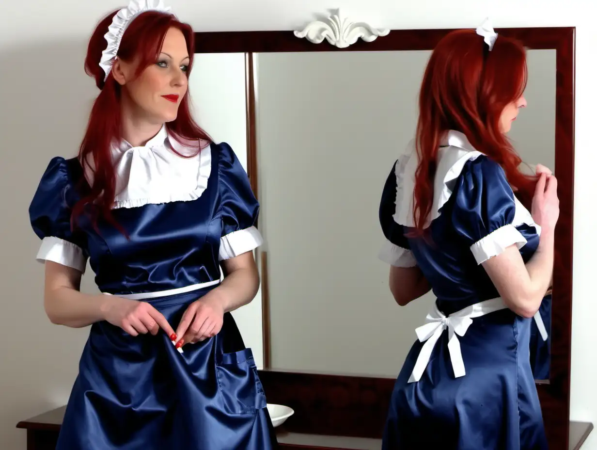 girl in long dark blue satin maid uniforms and milf mothers red hair mirror