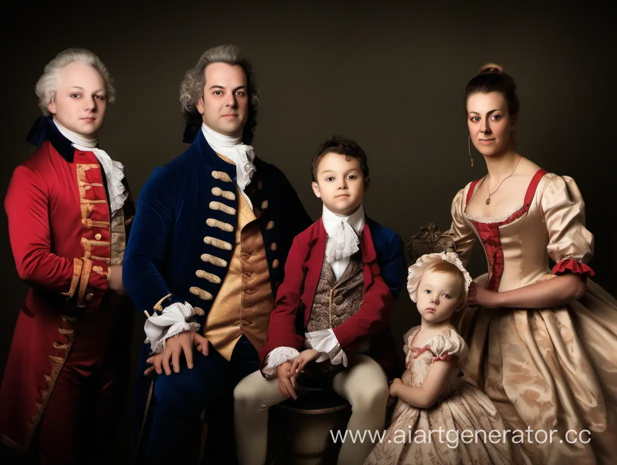 семейные портреты в стиле 18 века, 2 мужчины, 1 женщина, 1 девочка, 1 мальчик