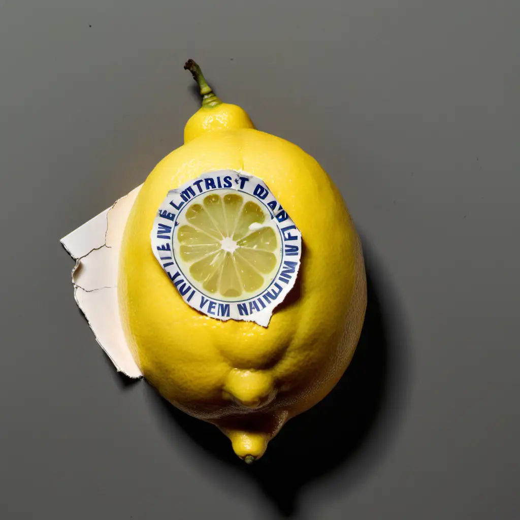 A photograph of a lemon, with a round, somewhat old and torn sticker attached to it