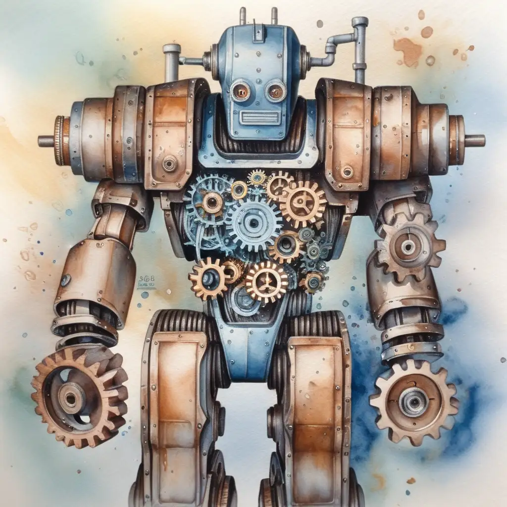 Watercolor Illustration of Industrial Robot and Gears