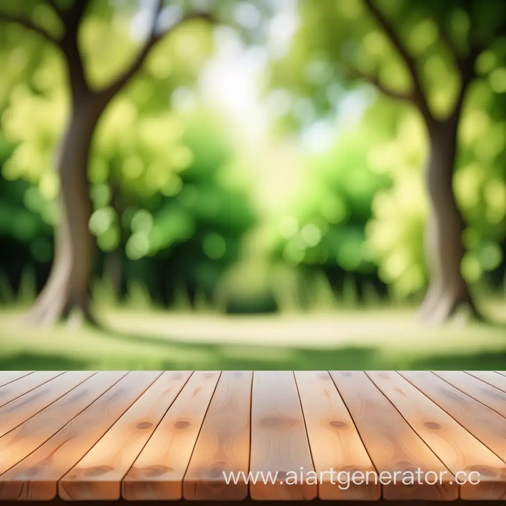 Wooden table in nature green blurred background without trees