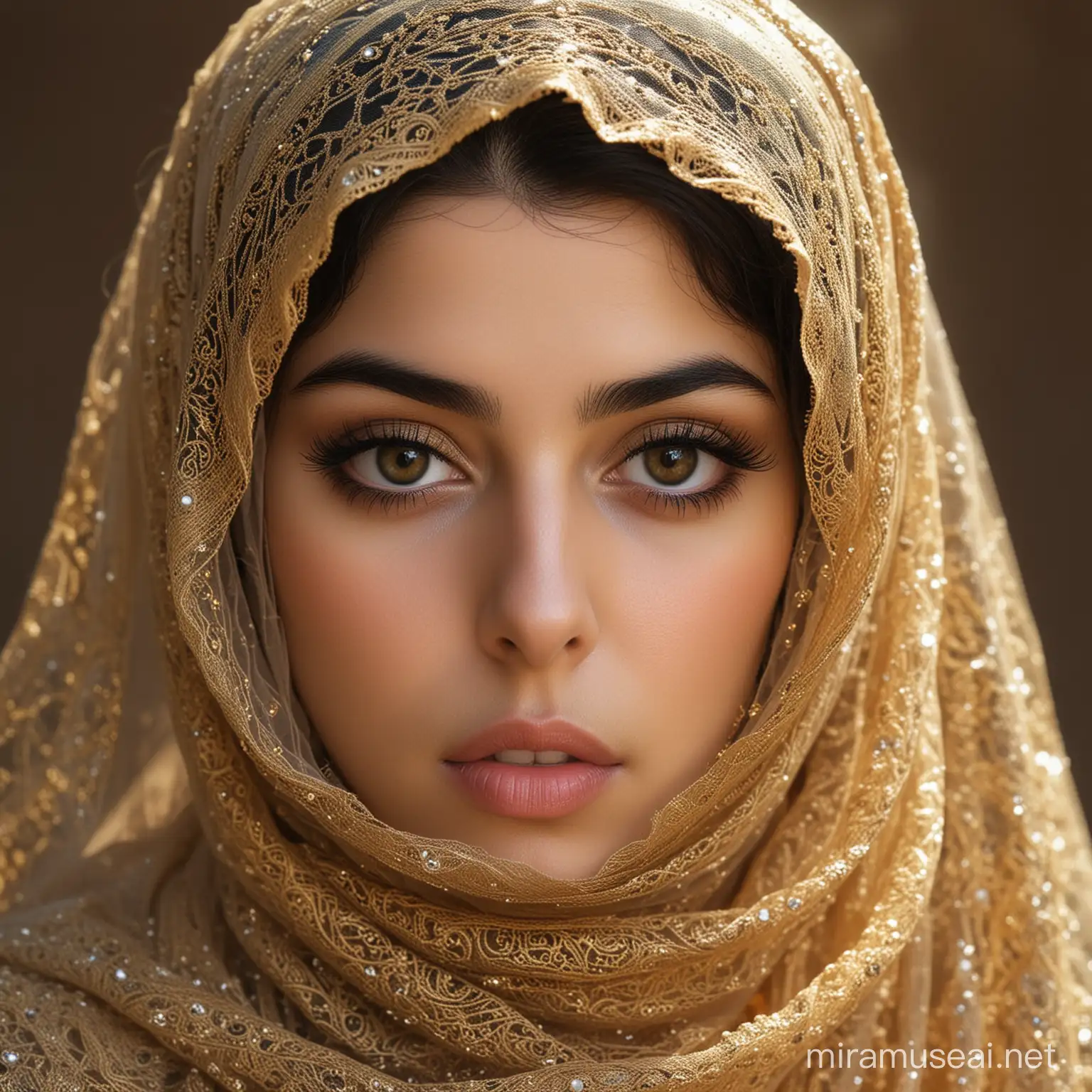 Iranian Veiled Woman with Golden Veil and Captivating Eyes