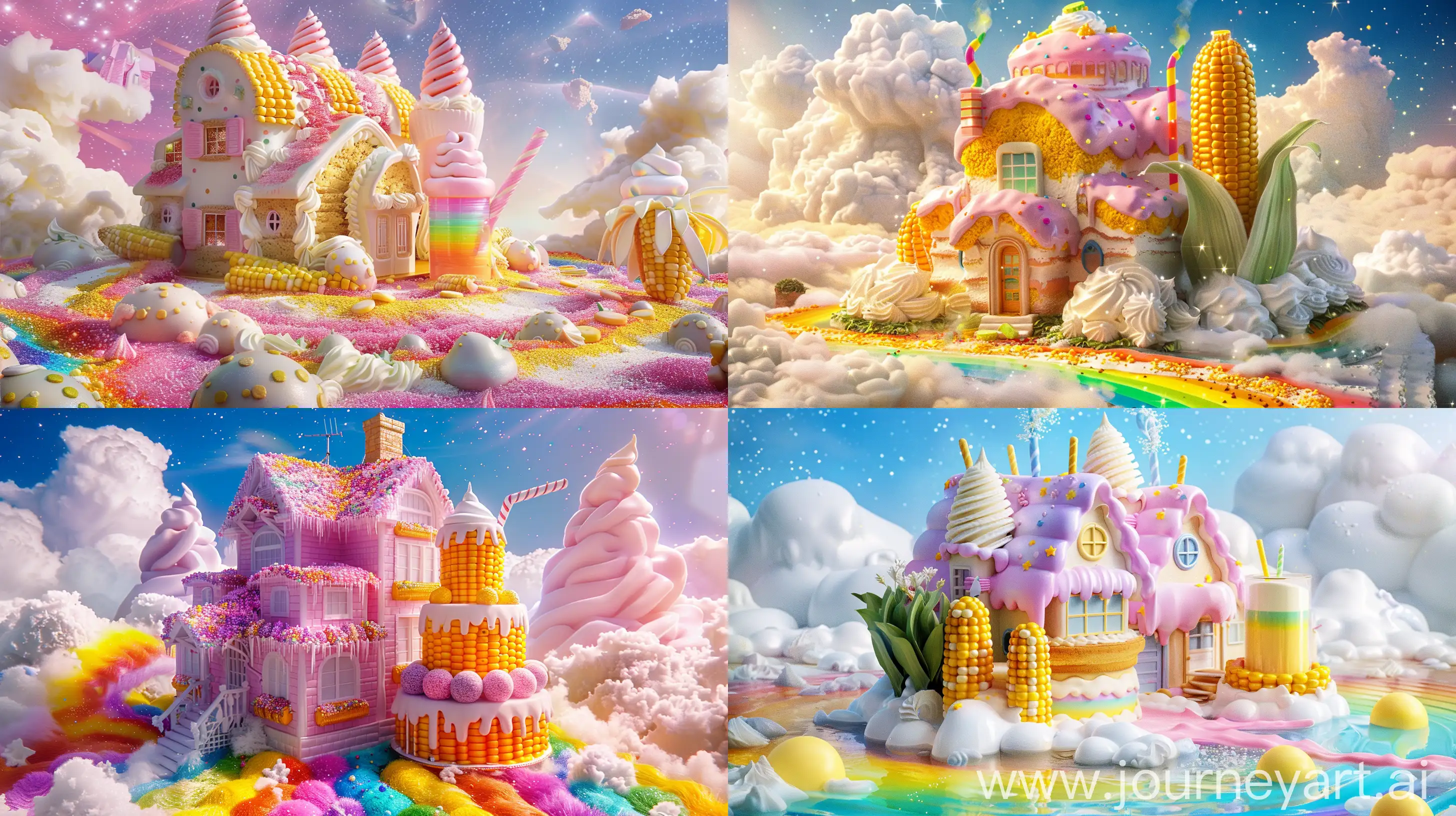big house in the shape of cake and corn and rainbow milk, in the galaxy paradise, beautiful, fantasy style, realistic --ar 16:9