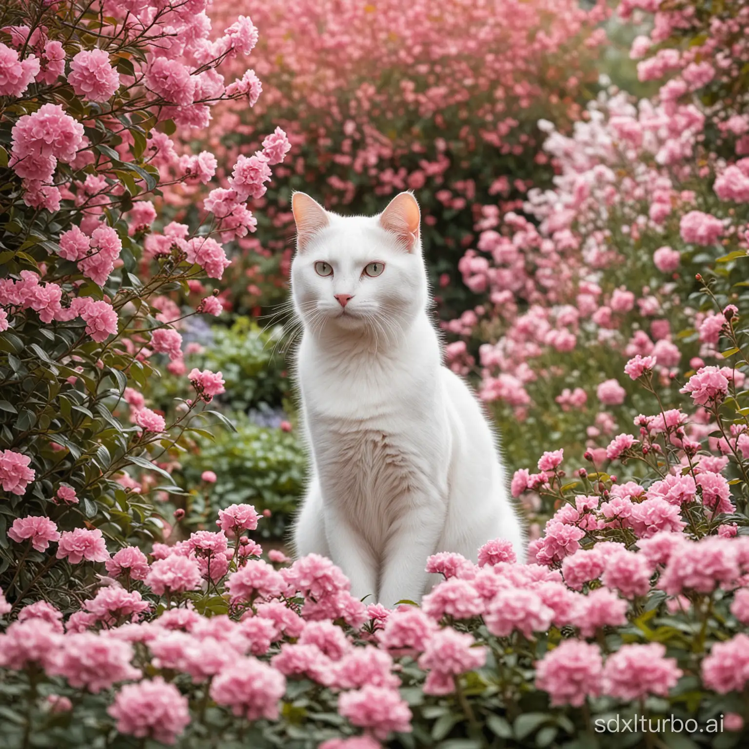 white cat in the pink garden