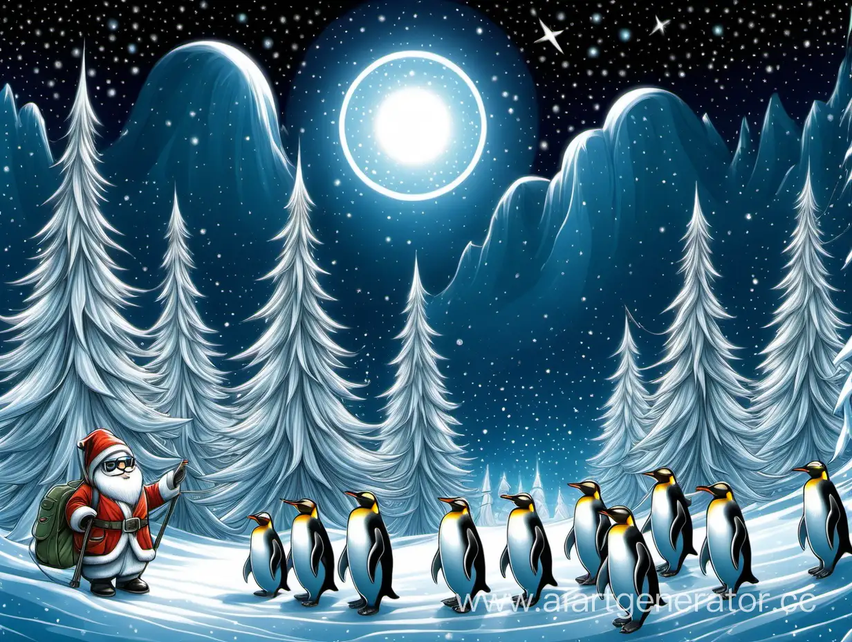 Северный полюс, полярное сияние, полярная звезда, ночь, пингвины в очках, дед мороз, серебристые ёлки, гирлянда