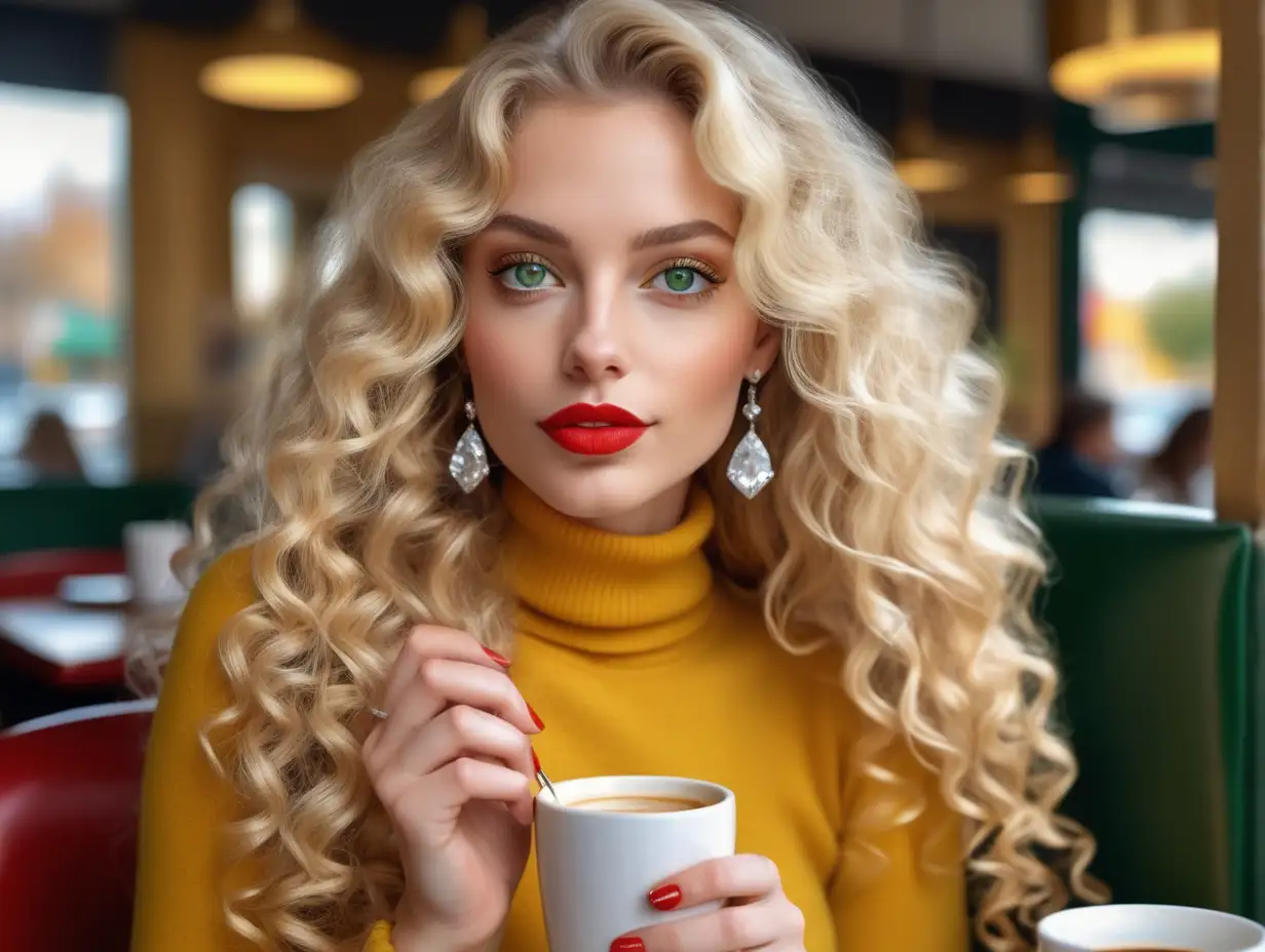 closeup portrait of a woman, long open curly blonde hair, sipping coffee at a restaurant, waiting for her date, yellow turtleneck, diamond earrings, beautiful eyes with eyeshadow and bottle green eyeliner, red glossy lips, diamond ring in her finger, ultra realistic skin texture and details, photorealistic 