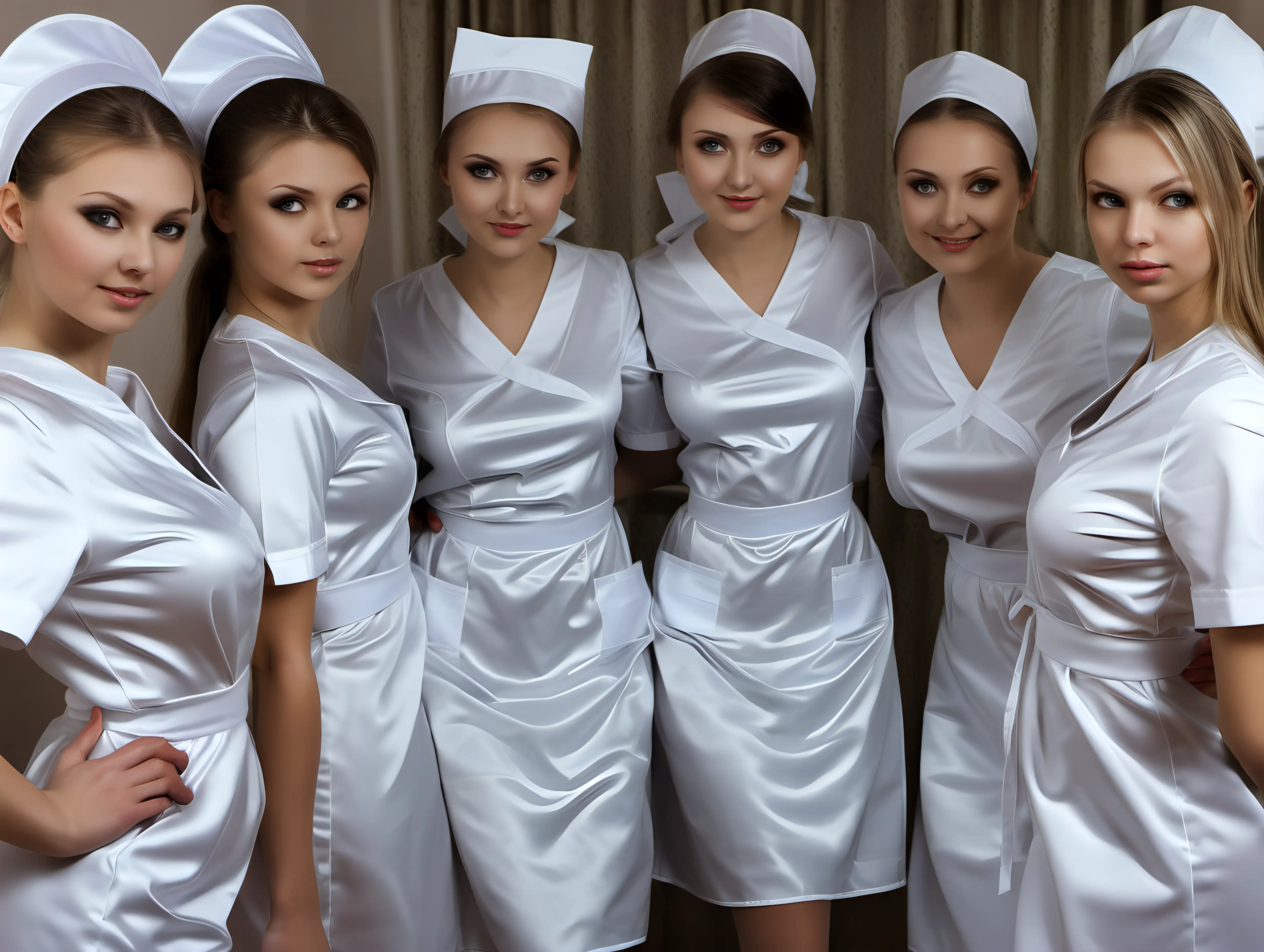 russian girl in satin nurse uniforms and oldmothers