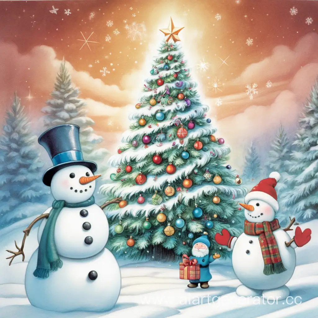 Новогодняя открытка, с ёлкой, снеговиком, дедом морозом