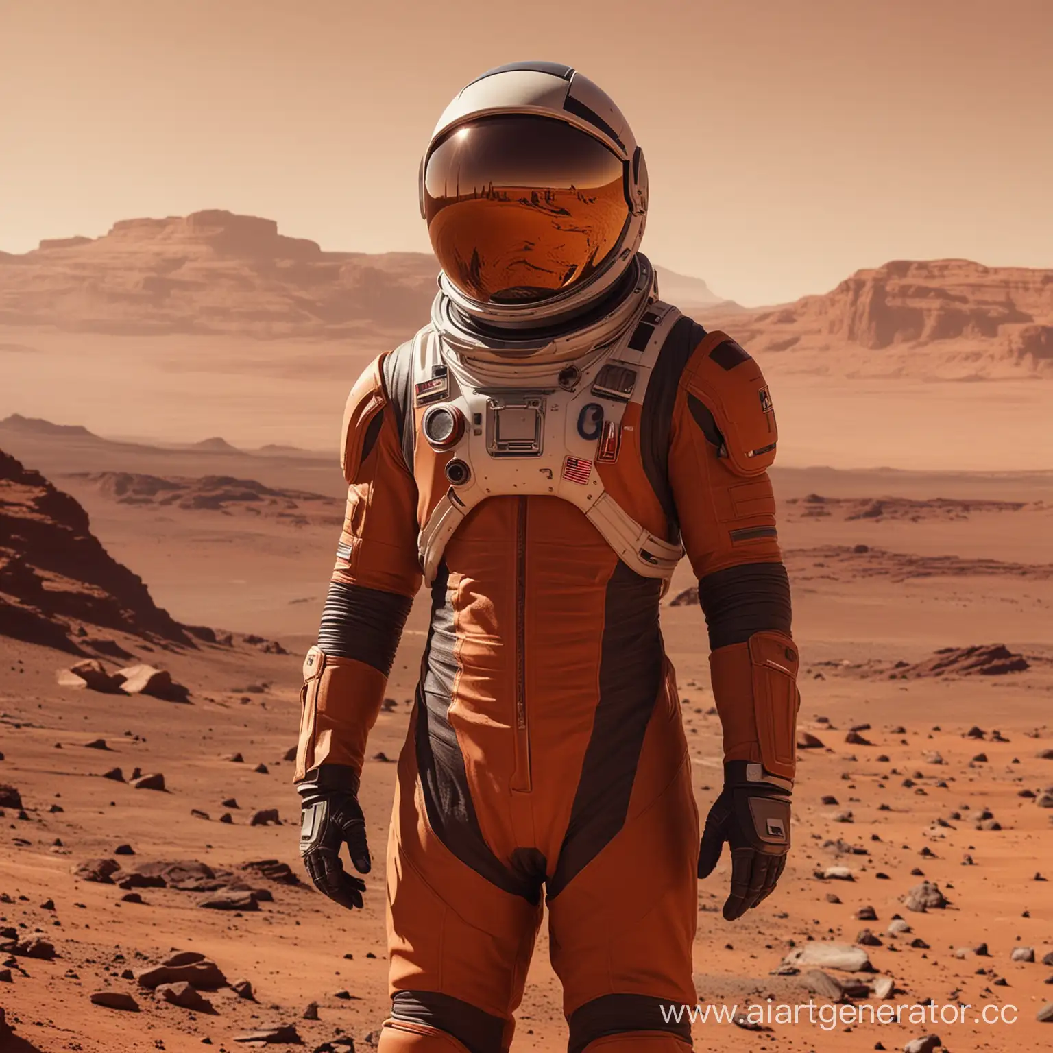 Будущее,на планете Марс ,Пилот ,кинематография ,в космическом костюме,скафандр ,шлем ,цвет планеты марс