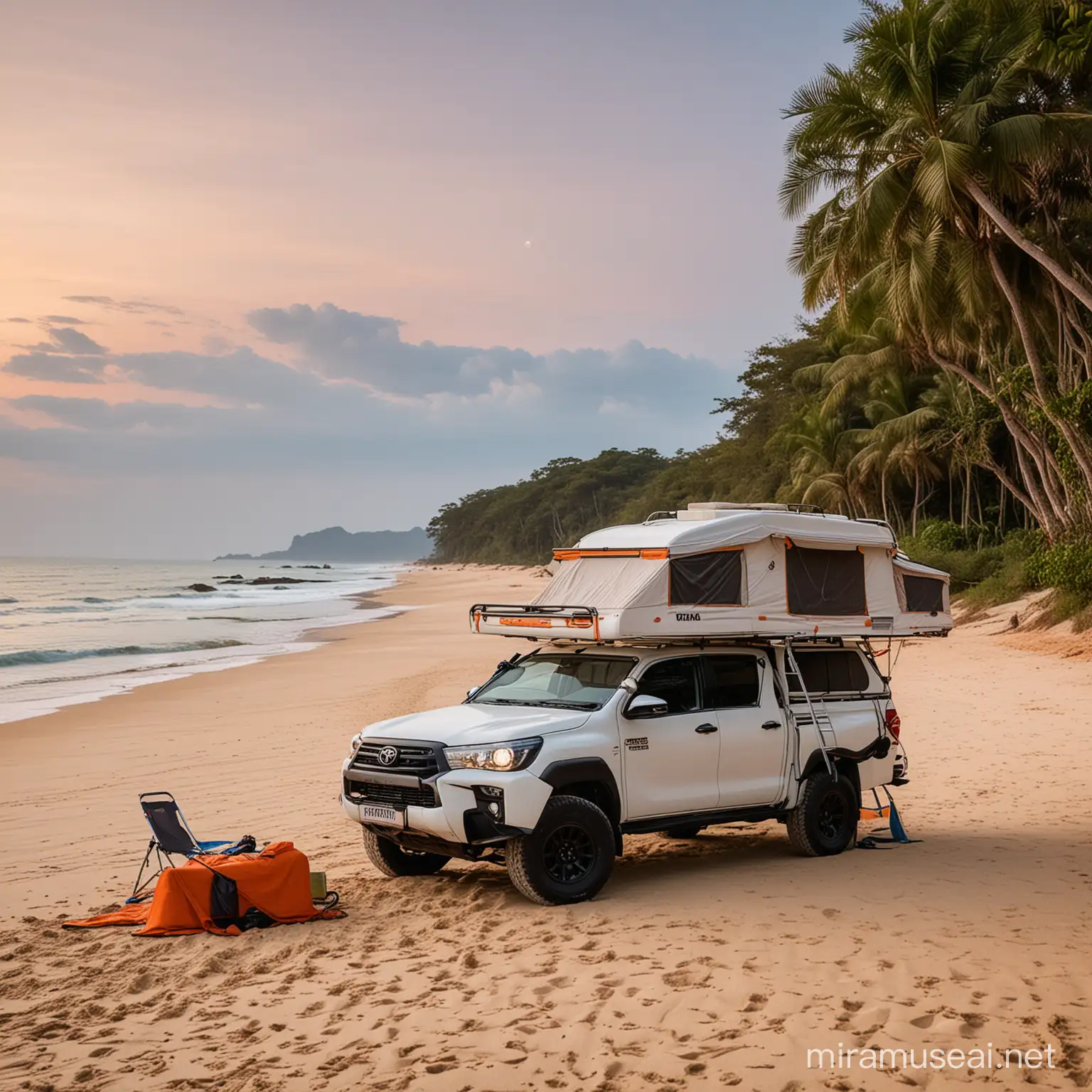 A white Toyota Hilux with an adventurous motorhome conversion, with an tent nex to it is perched on the soft sands of a secluded Thai beach at dusk. The bold orange 'Indie Campers' logo with thai elements on the side of the truck complements the scene of untamed beachside wilderness