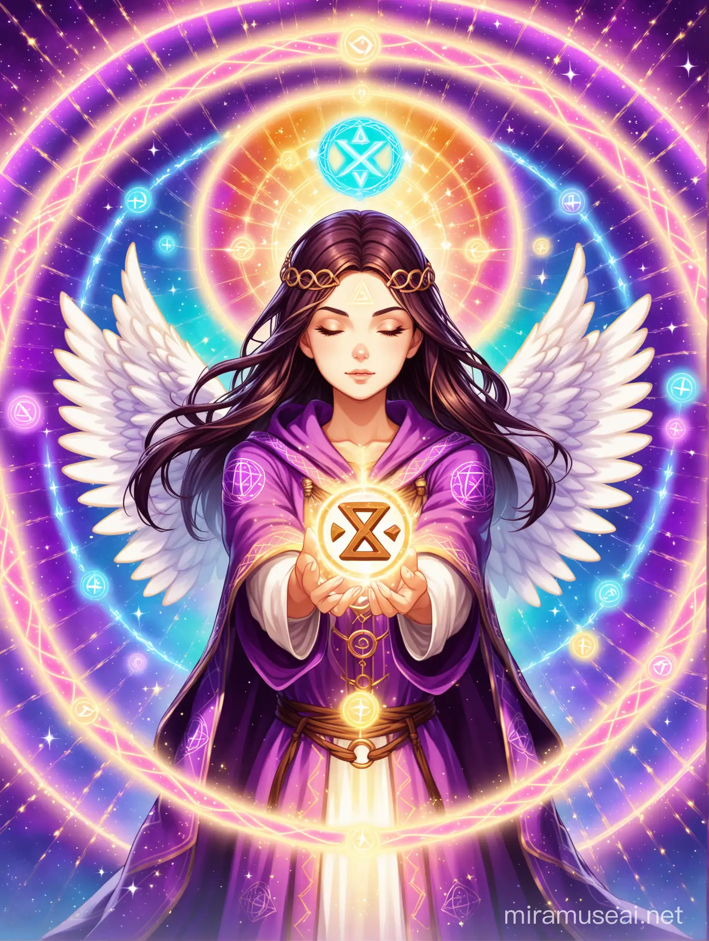 female angel spellcaster with runic circles casting a healing spell, colorful background with rune circle