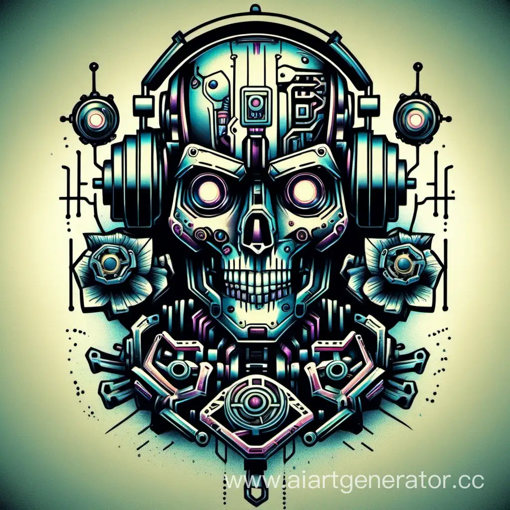 20s tattoo, cyberpunk, new metal, skull, robot